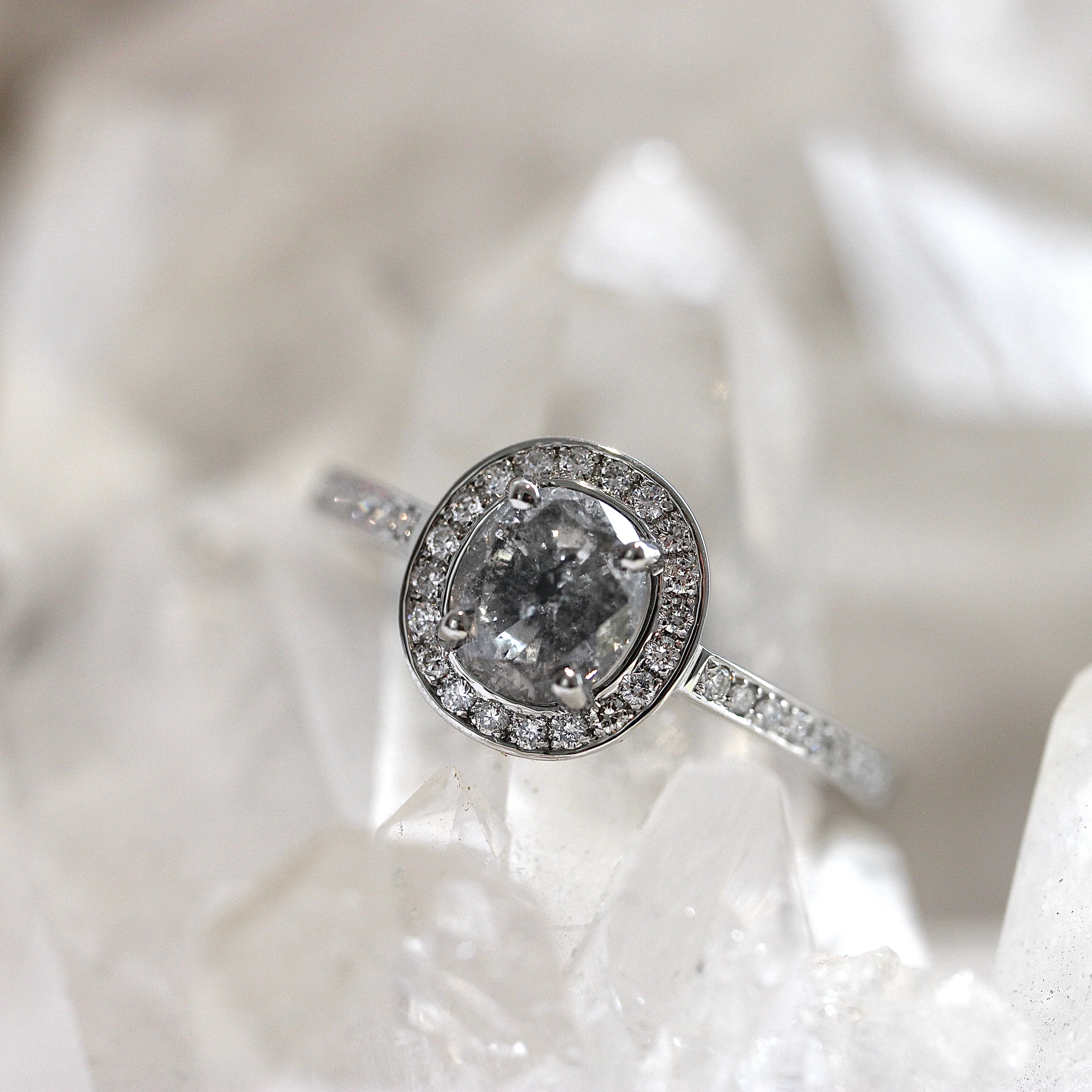 Salt and Pepper Diamond in Halo style engagement ring