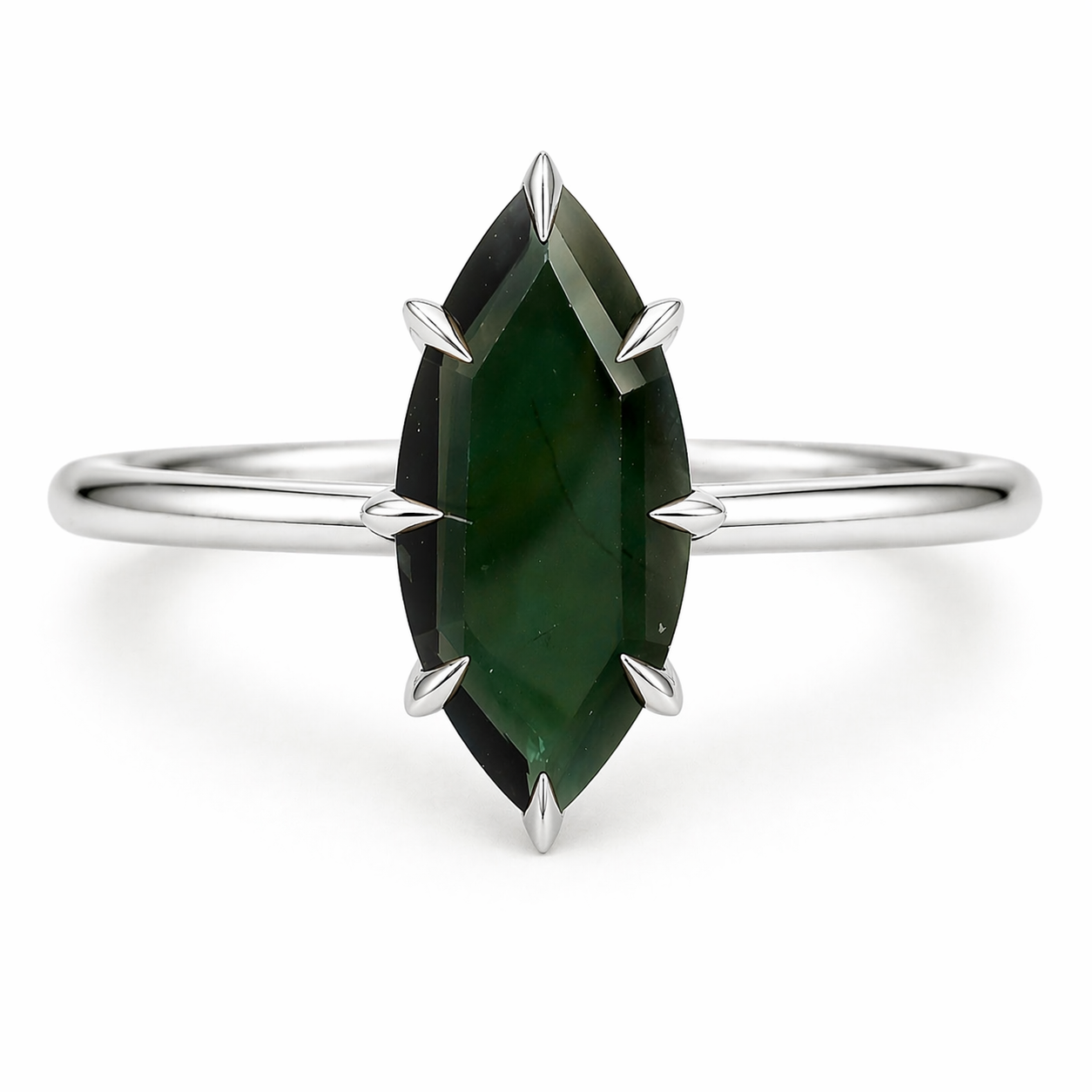 Teal Australian sapphire portrait marquise engagement ring in claw setting handcrafted in Melbourne