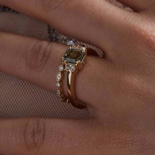 Green sapphire with baguette art deco accents