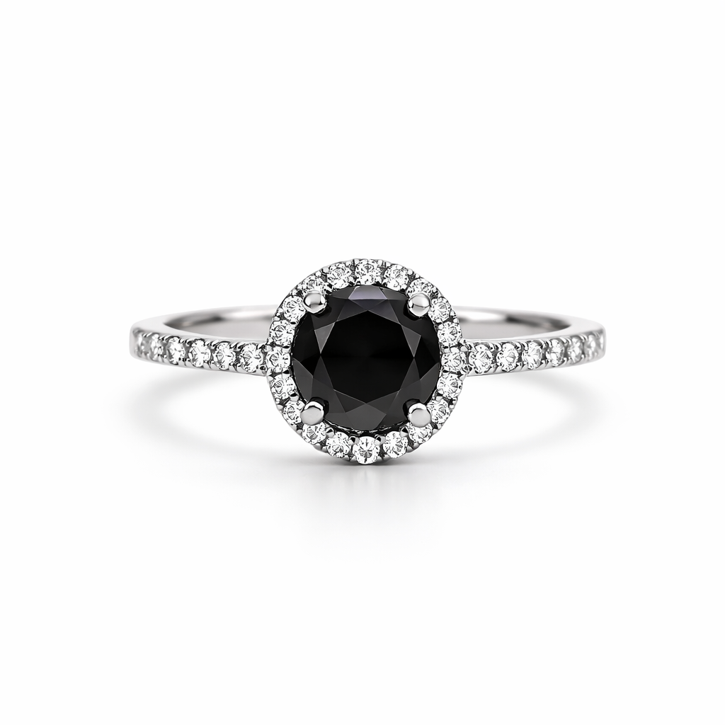 Ring with a black diamond and diamond-studded band on a white background