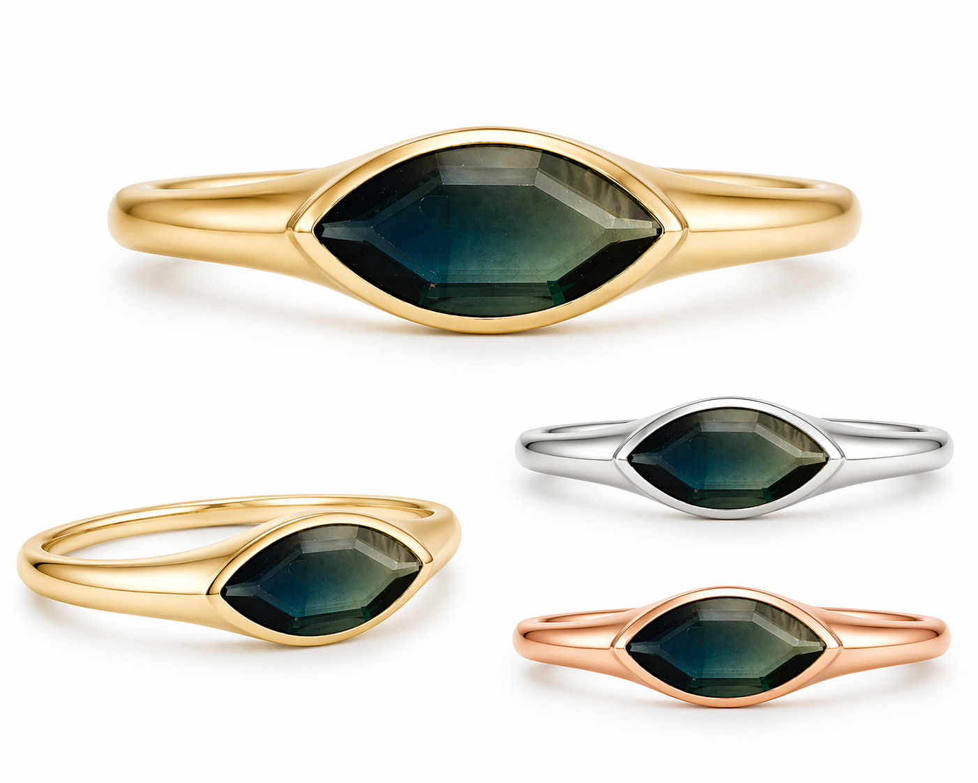 east west Teal Australian sapphire portrait marquise engagement ring in claw setting handcrafted in Melbourne