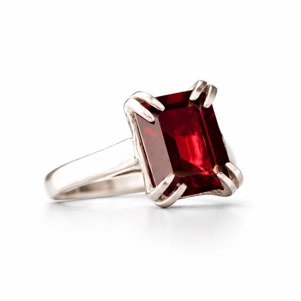 Silver ring with a red gemstone on a white background