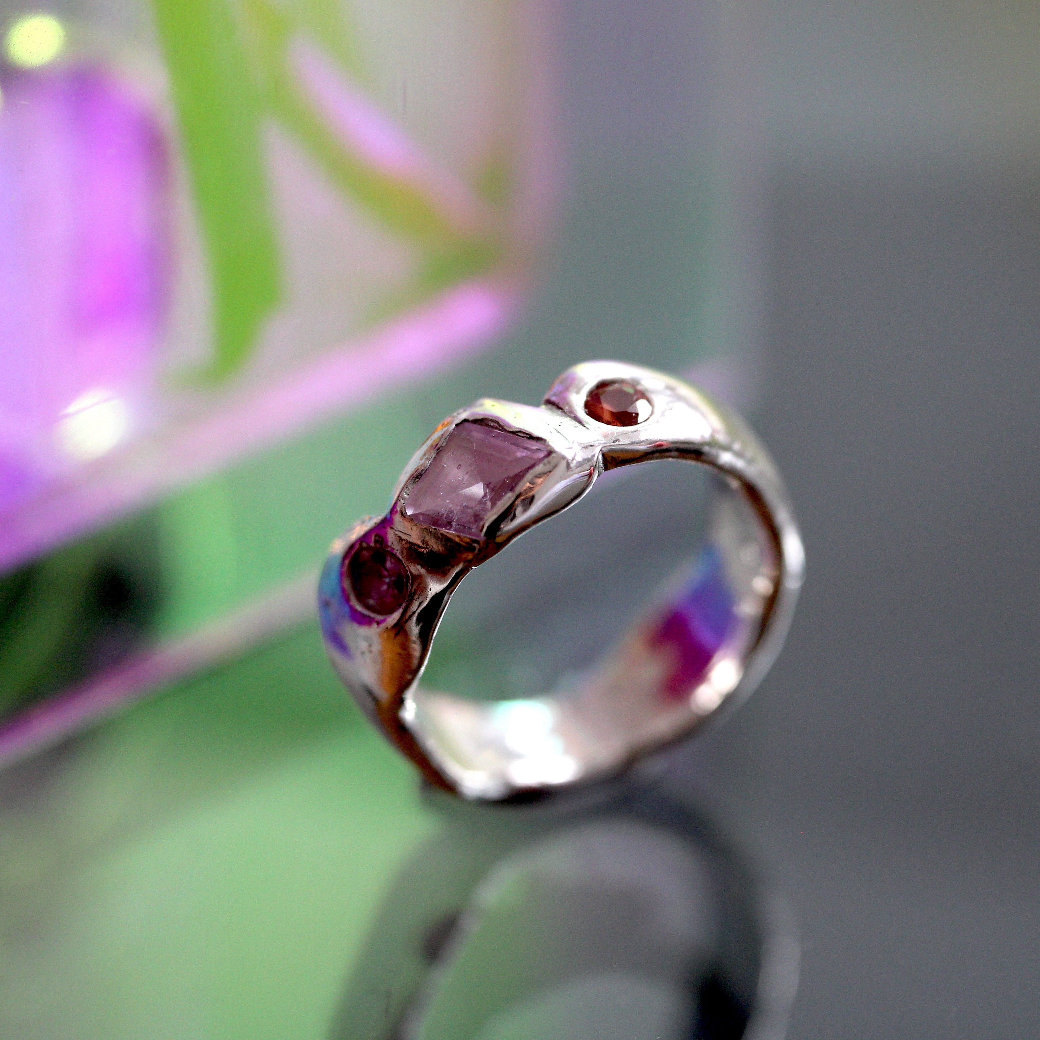 Handcrafted pink gemstone ring in sterling silver from the Juicebox Jewels collection by Windfall Jewellery