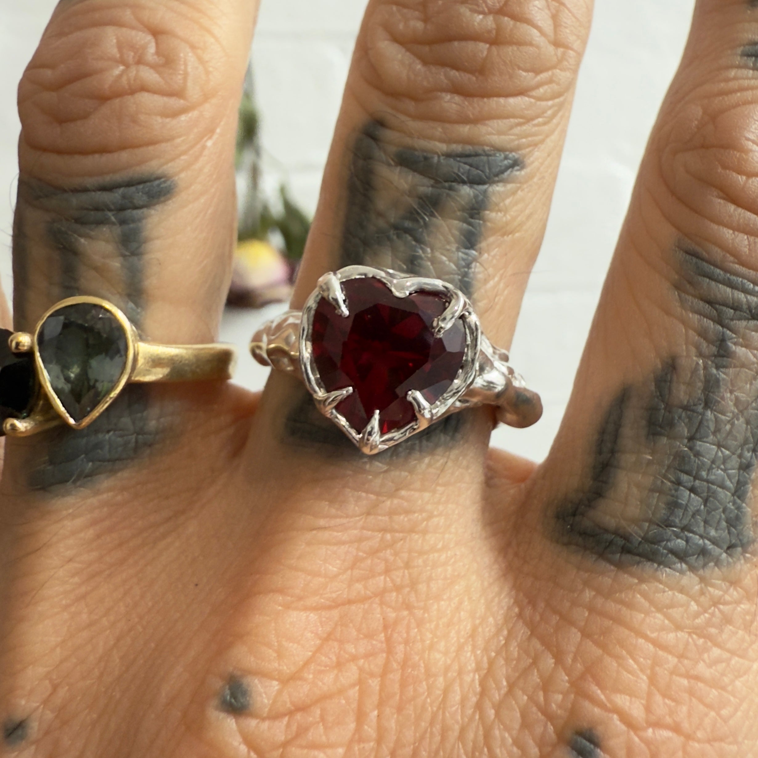 Handcrafted red heart gemstone ring in sterling silver from the Juicebox Jewels collection
