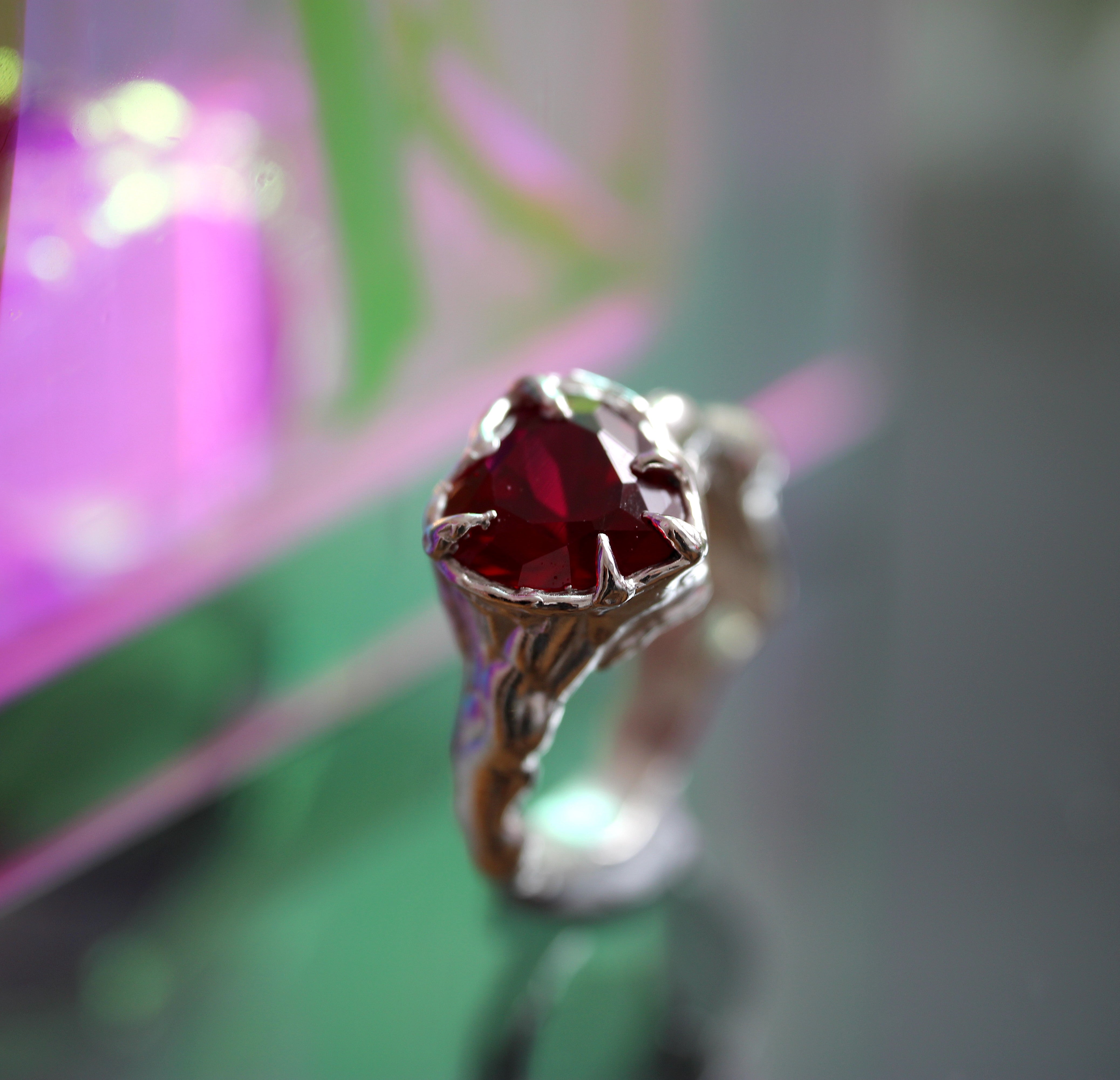 Handcrafted red heart gemstone ring in sterling silver from the Juicebox Jewels collection