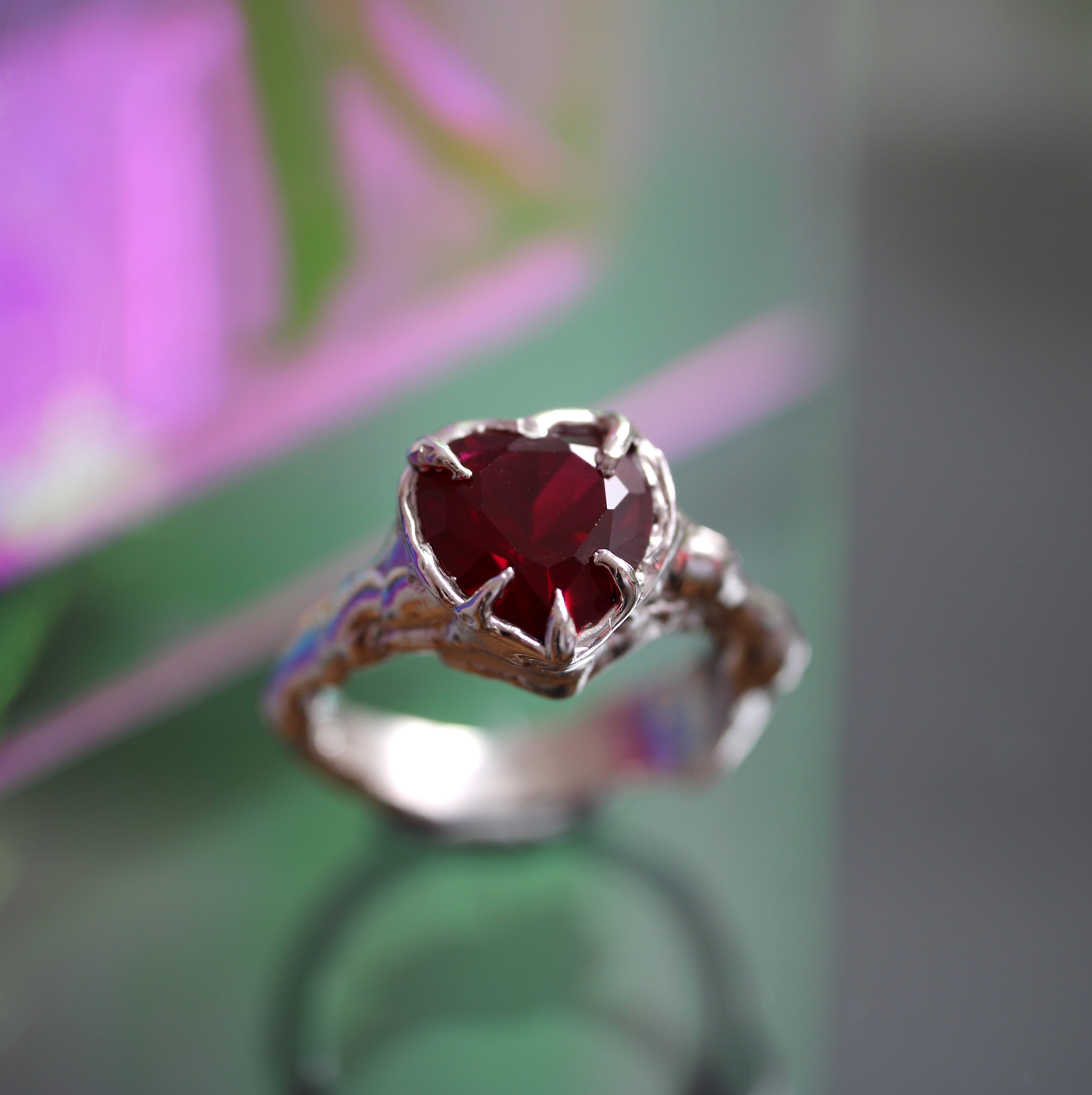 Handcrafted red heart gemstone ring in sterling silver from the Juicebox Jewels collection