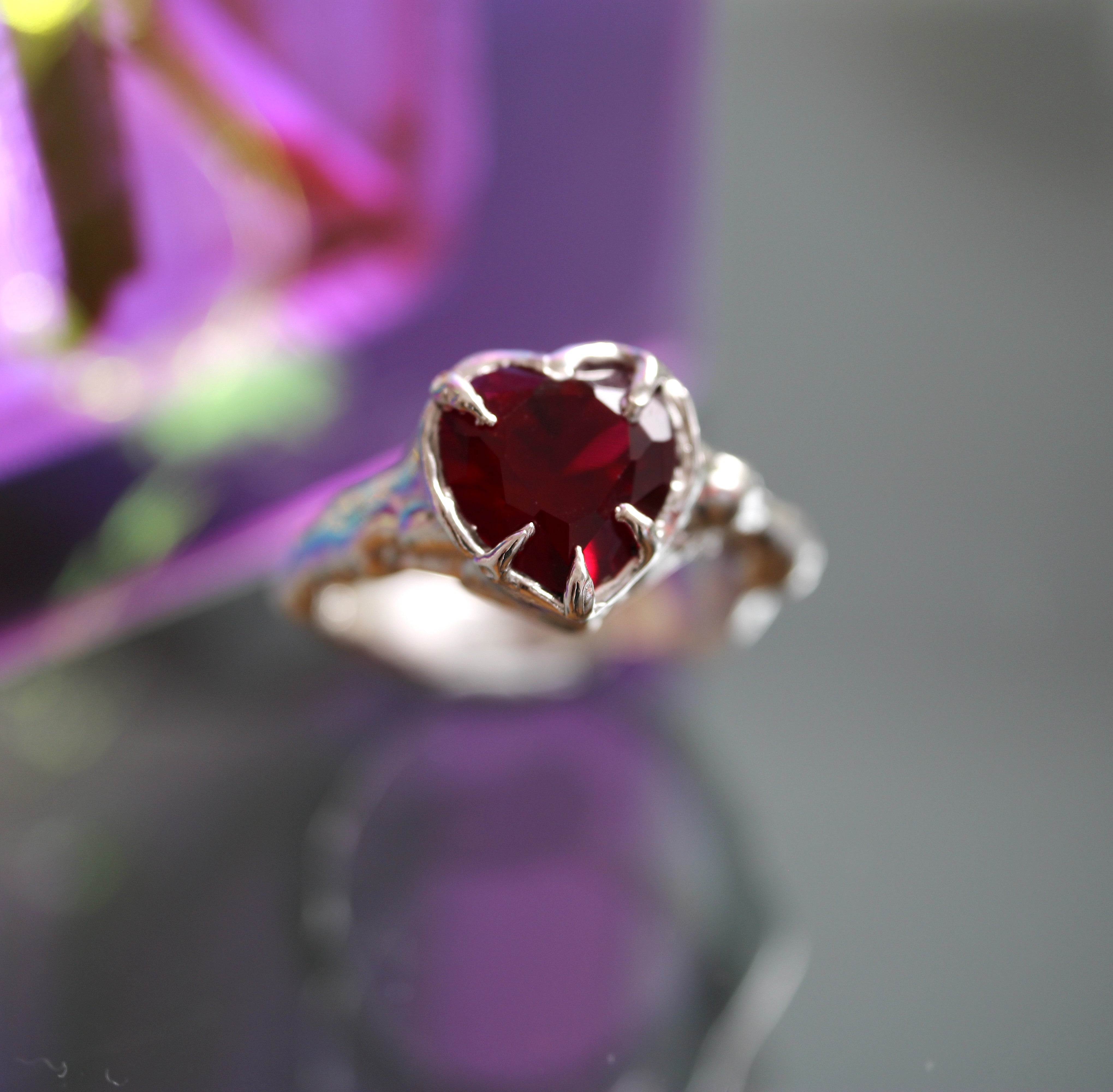 Handcrafted red heart gemstone ring in sterling silver from the Juicebox Jewels collection