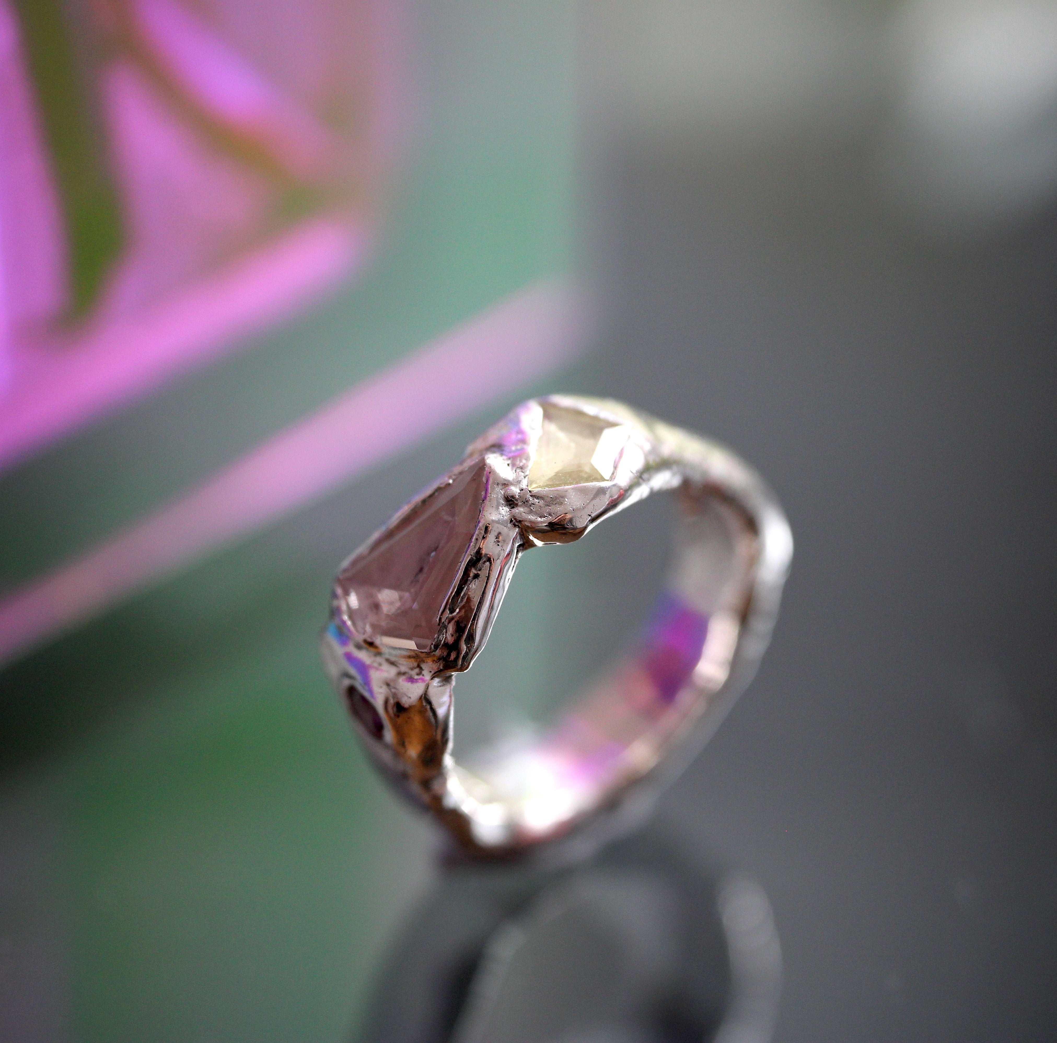 Handcrafted pink gemstone ring in sterling silver from the Juicebox Jewels collection by Windfall Jewellery