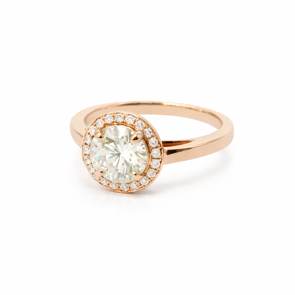Rose gold ring with a diamond on a white background