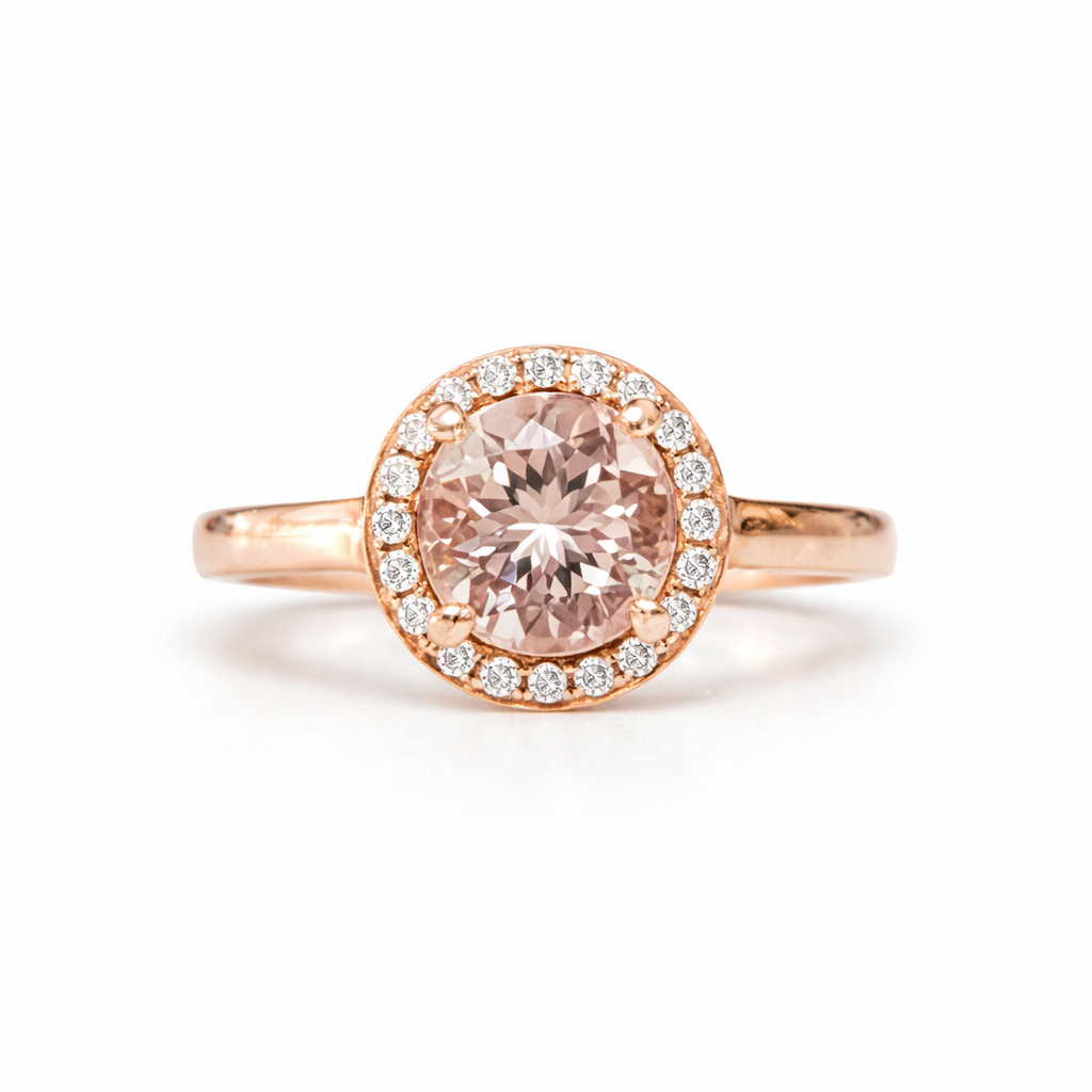 Rose gold ring with a pink gemstone and diamond accents on a white background