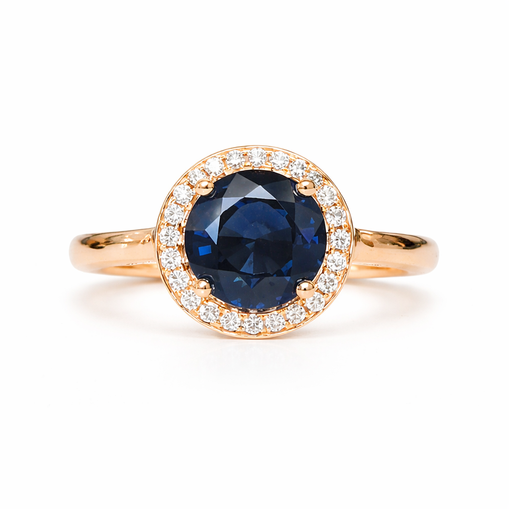 Ring with a blue gemstone and rose gold band on a white background