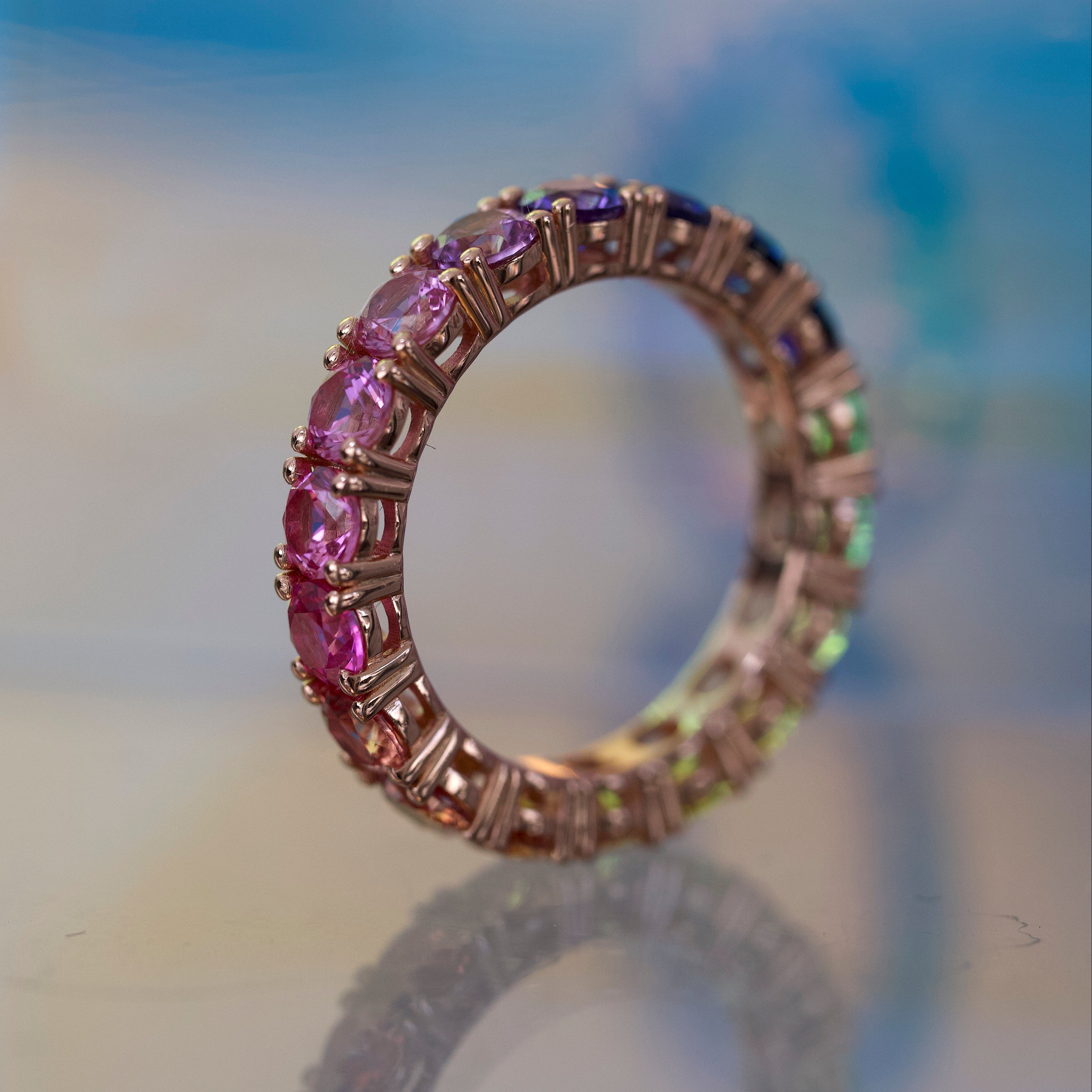 rainbow gradient lab created sapphires eternity band style rose gold