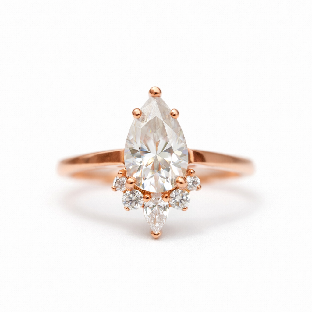 Rose gold ring with a pear-shaped diamond on a white background