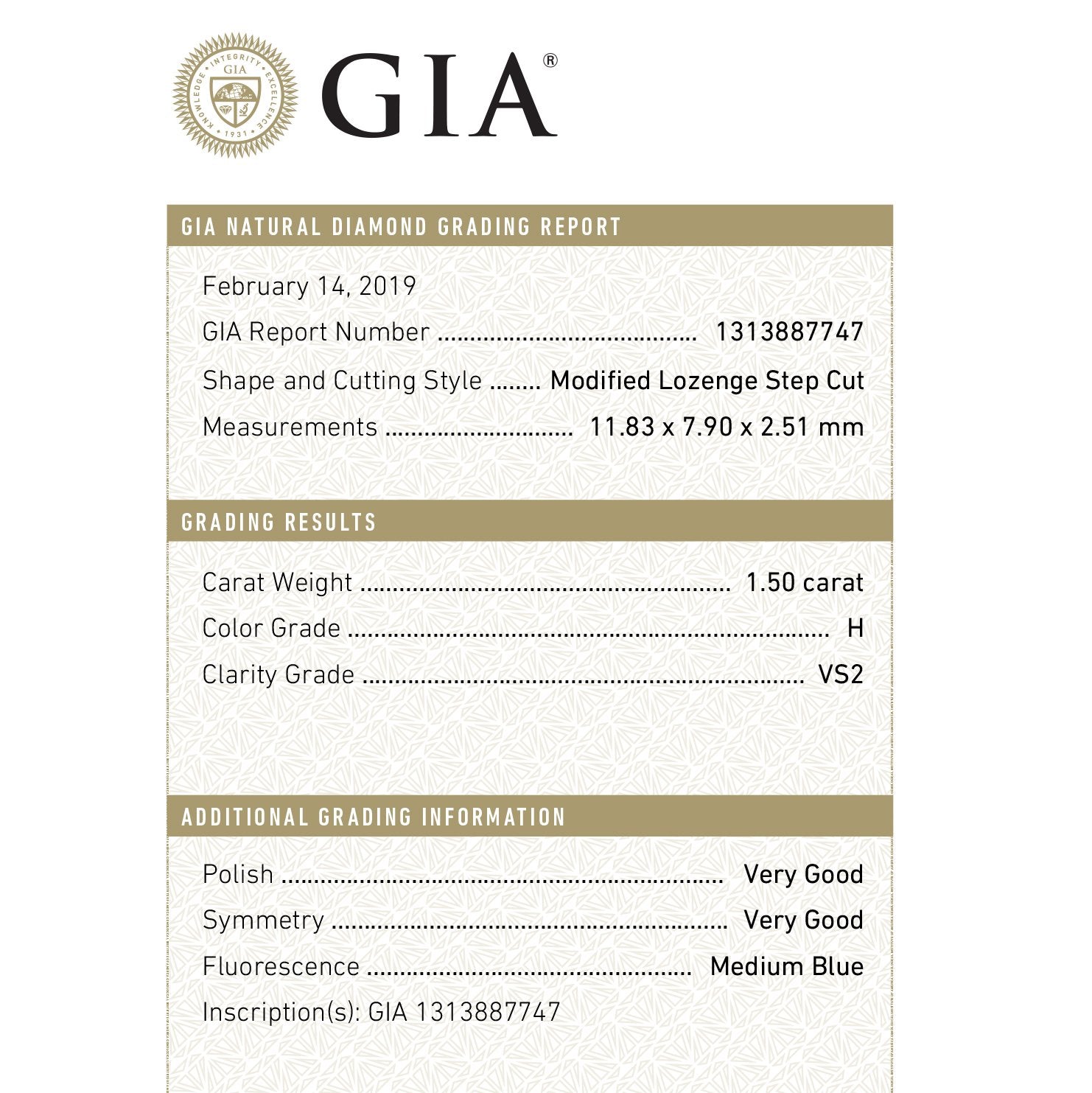 1.50ct 11.83x7.90x2.51mm GIA VS2 H Kite Step Cut 18070-01 HOLD D115