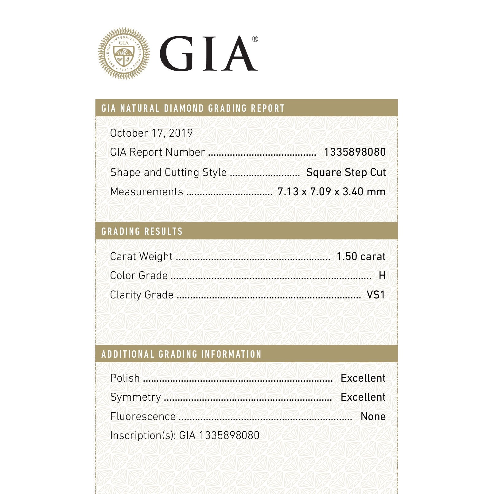 1.50ct 7.13x7.13x3.39mm GIA VS1 H Carré Cut 18208-01 MEMO D1168