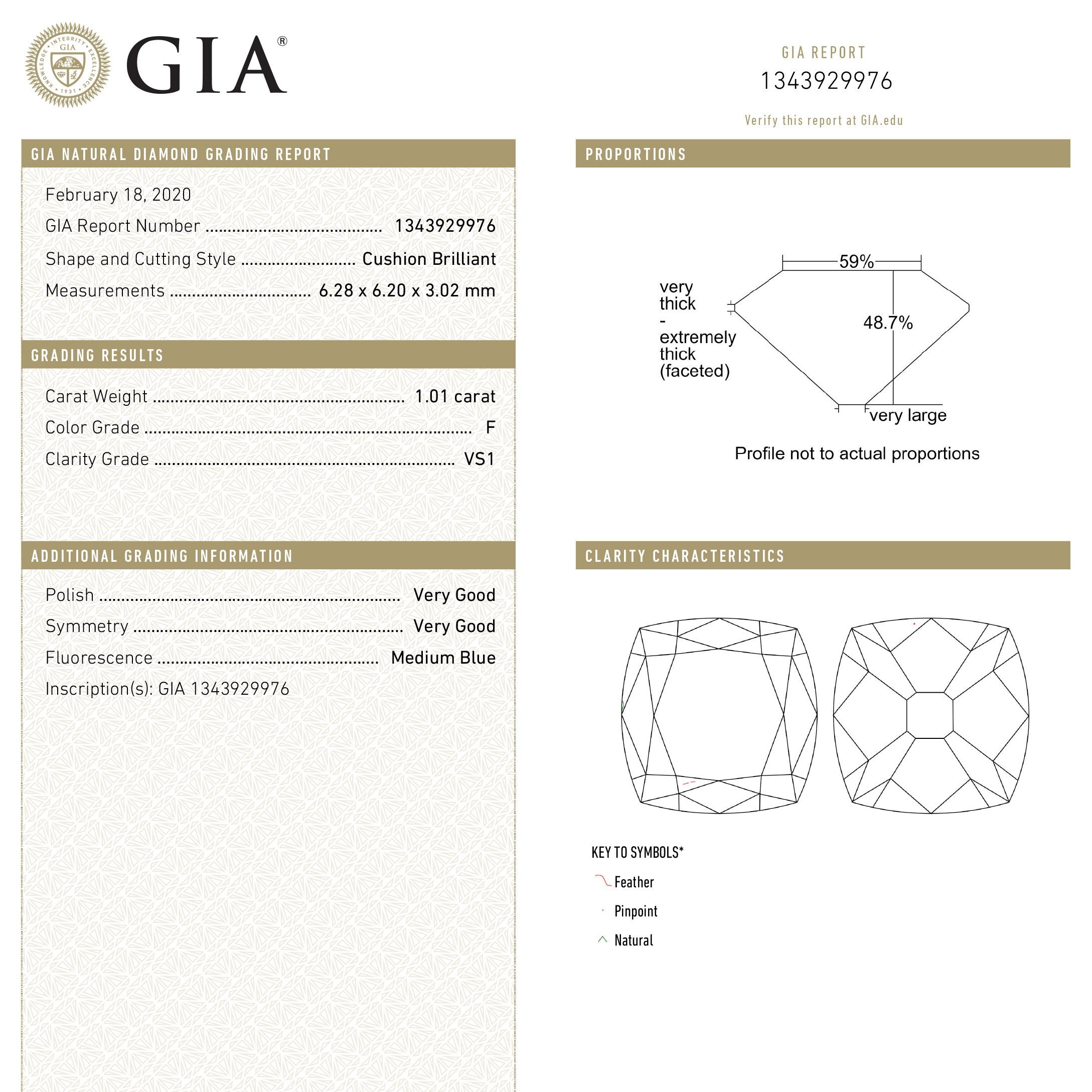 1.01ct 6.28x6.20x3.02mm GIA VS1 F Modern Old Mine Cut 18297-01 HOLD D1943
