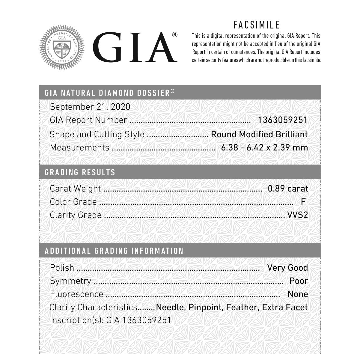 0.89ct 6.42x6.38x2.39mm GIA VVS2 F Round Rosecut 18600-01