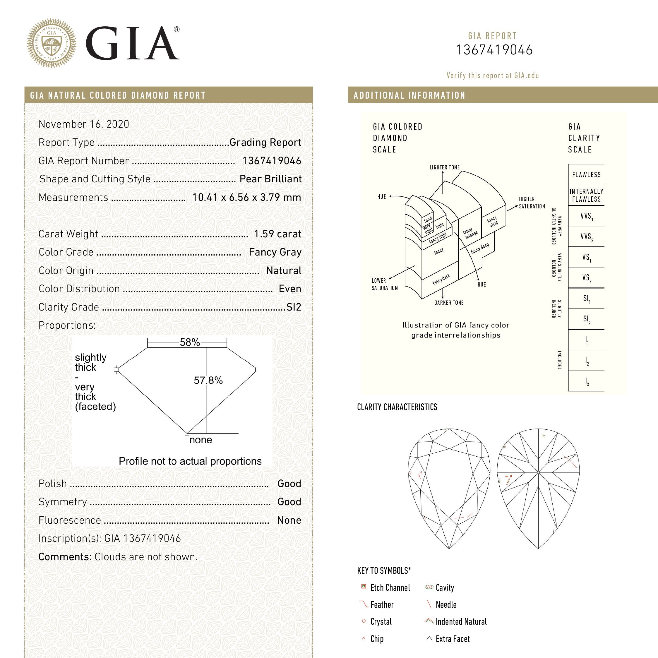1.59ct 10.41x6.56x3.79mm GIA SI2 Fancy Grey Pear Brilliant 18860-01