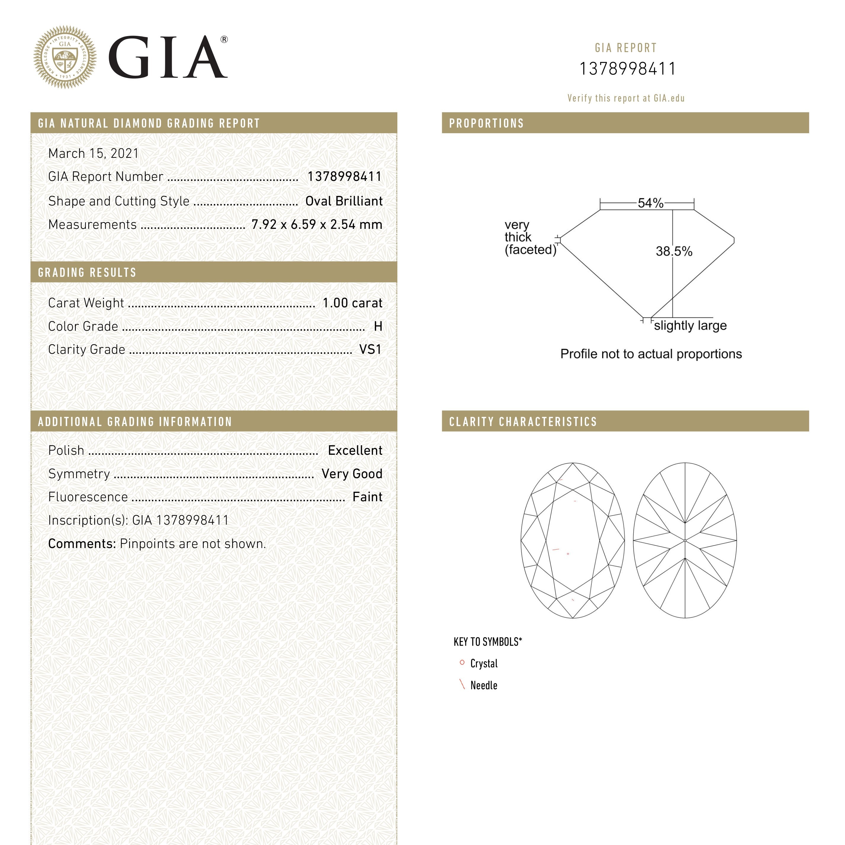 1.00ct 7.92x6.59x2.54mm GIA VS1 H Oval Brilliant 18873-01