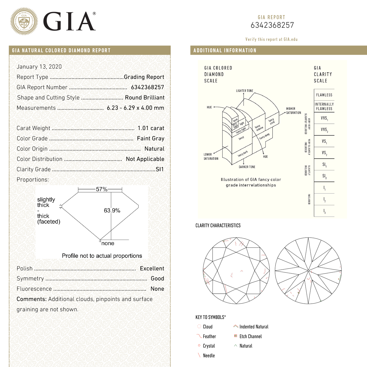 1.01ct 6.23x6.29x4.00mm GIA SI1 Silver Round Brilliant 18323-01 hold D1825