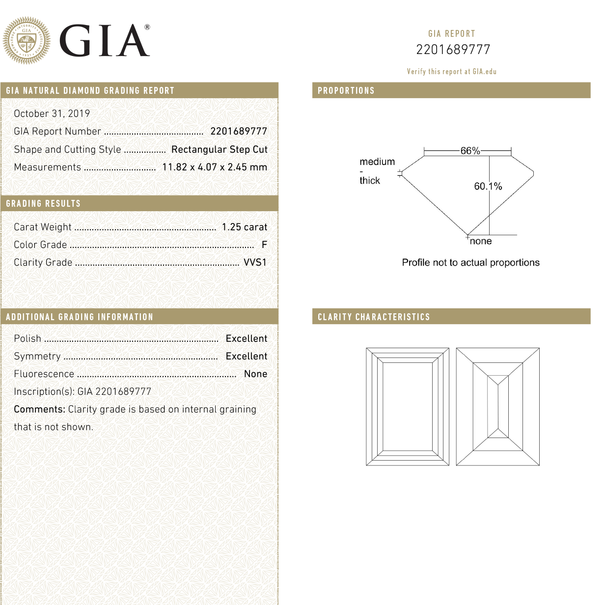 1.25ct 11.82x4.07x2.45mm GIA VVS1 F Baguette Step Cut 18331-01