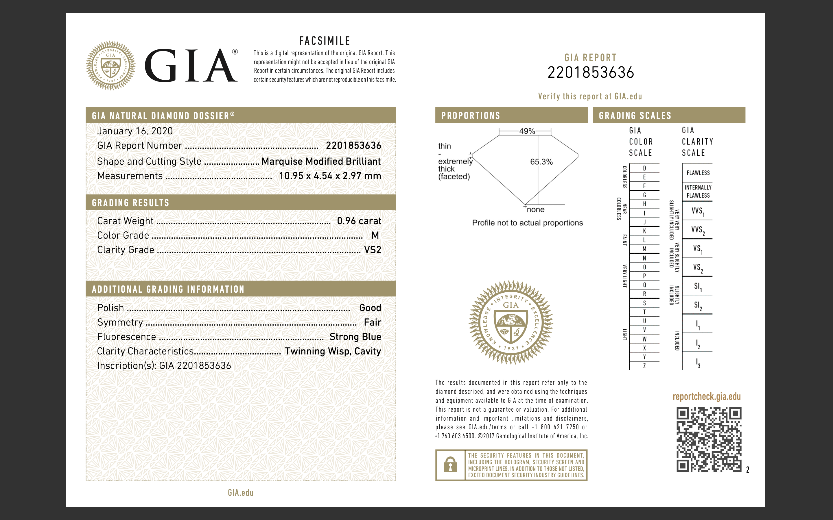 0.96ct 10.95x4.54x2.97mm GIA VS2 M Antique Marquise Brilliant 18254-02 HOLD D953 7/31/20