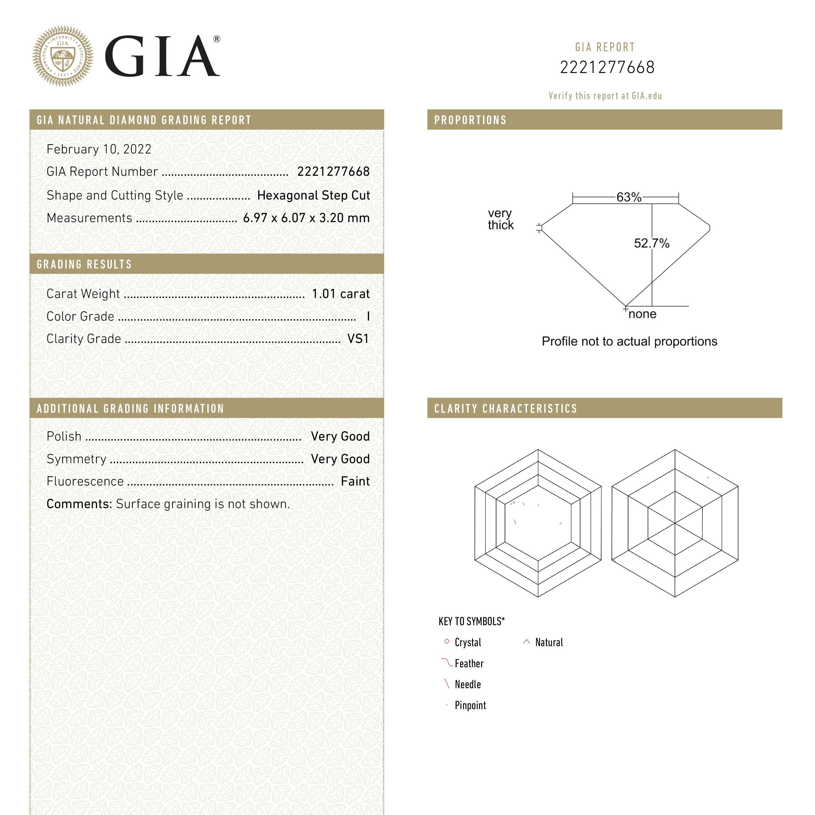 1.01ct 6.97x6.07x3.20mm GIA VS1 I Hexagon Step Cut 20714-01