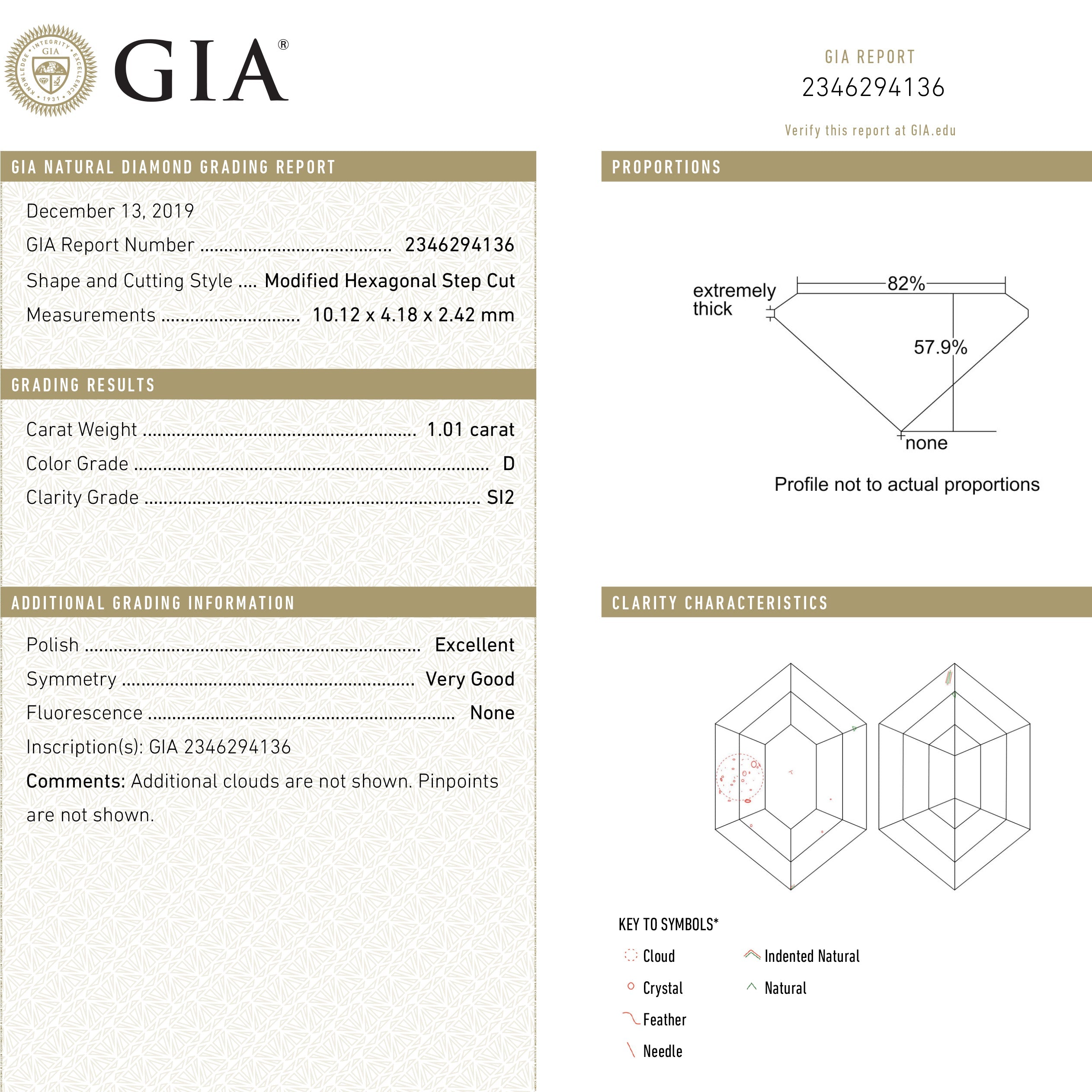 1.01ct 10.12x4.18x2.42mm GIA SI2 D Hexagon Step Cut 22621-01
