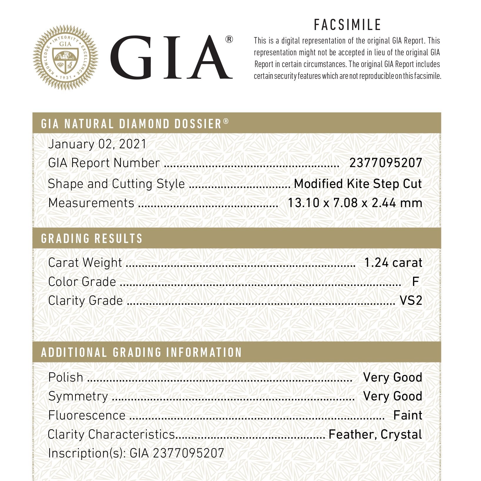1.24ct 13.10x7.08x2.44mm GIA VS2 F Kite Rosecut 18819-01