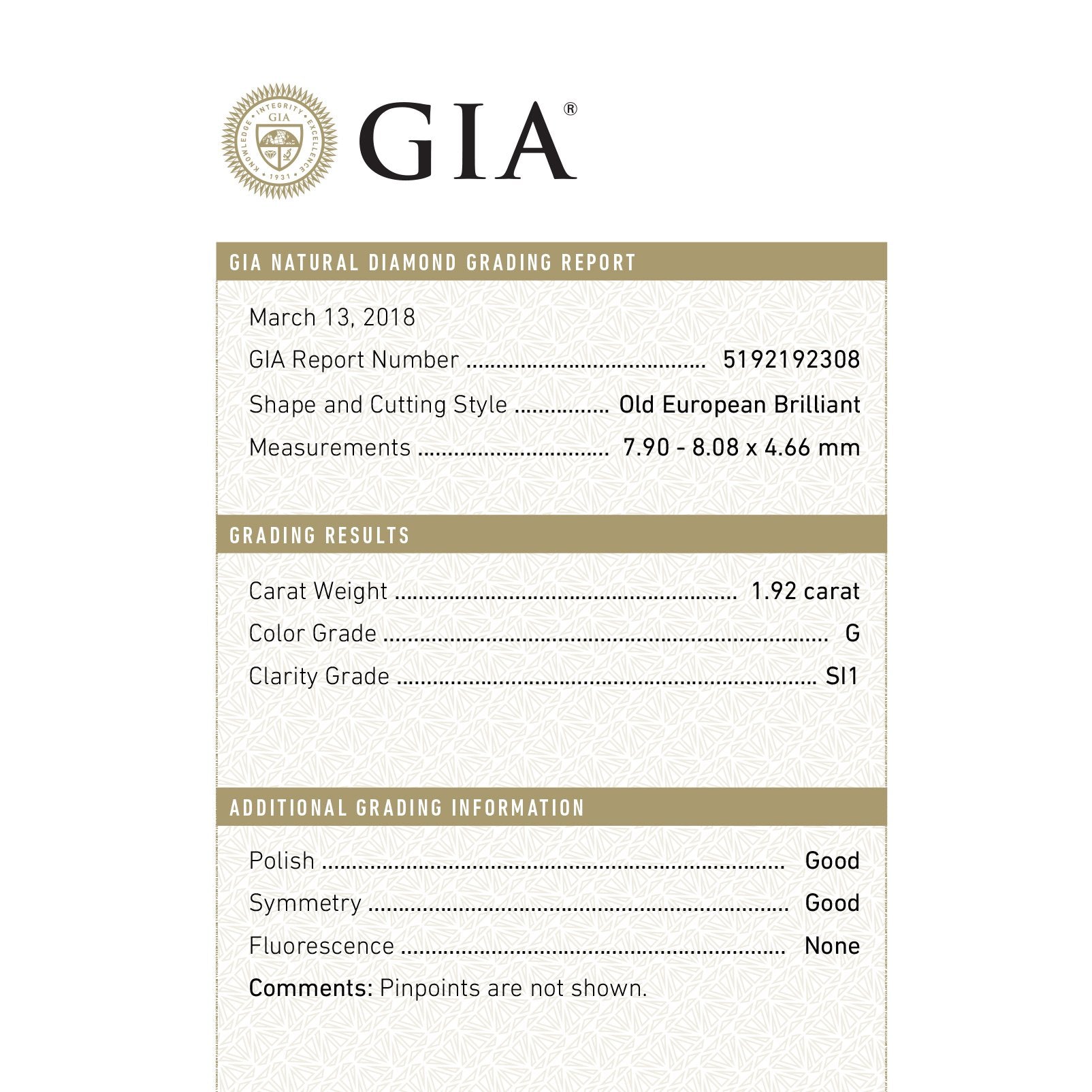 1.92ct 8.08x7.90x4.66mm GIA SI1 G Old European Cut 18100-01 HOLD D850 7/12/20
