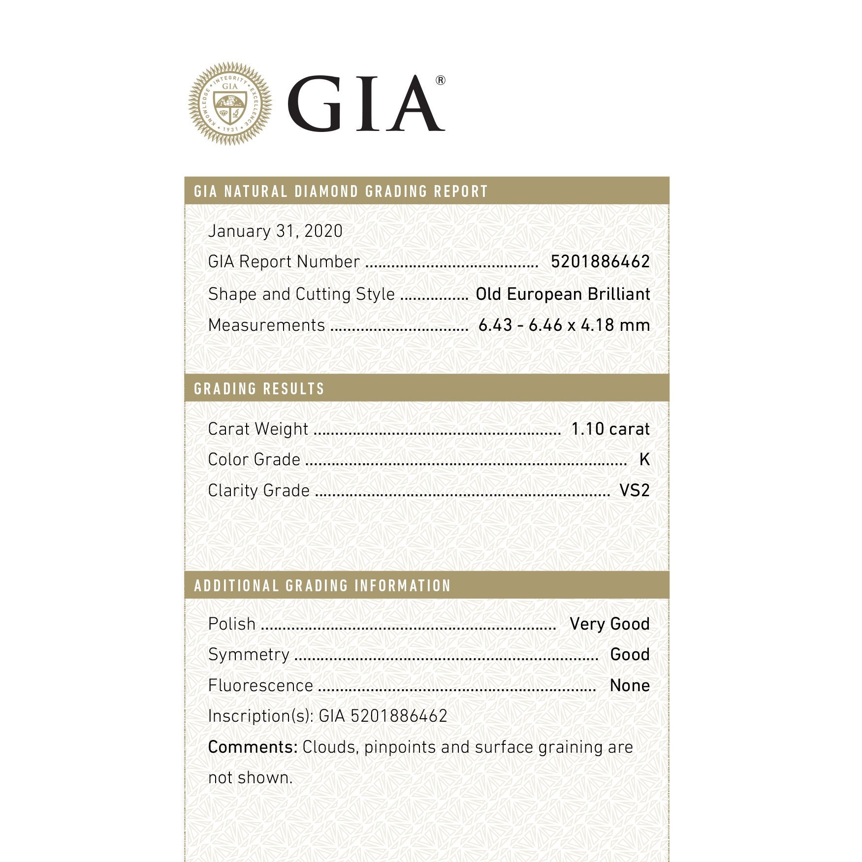 1.10ct 6.46x6.43x4.18mm GIA VS2 K Old European Cut 18095-01
