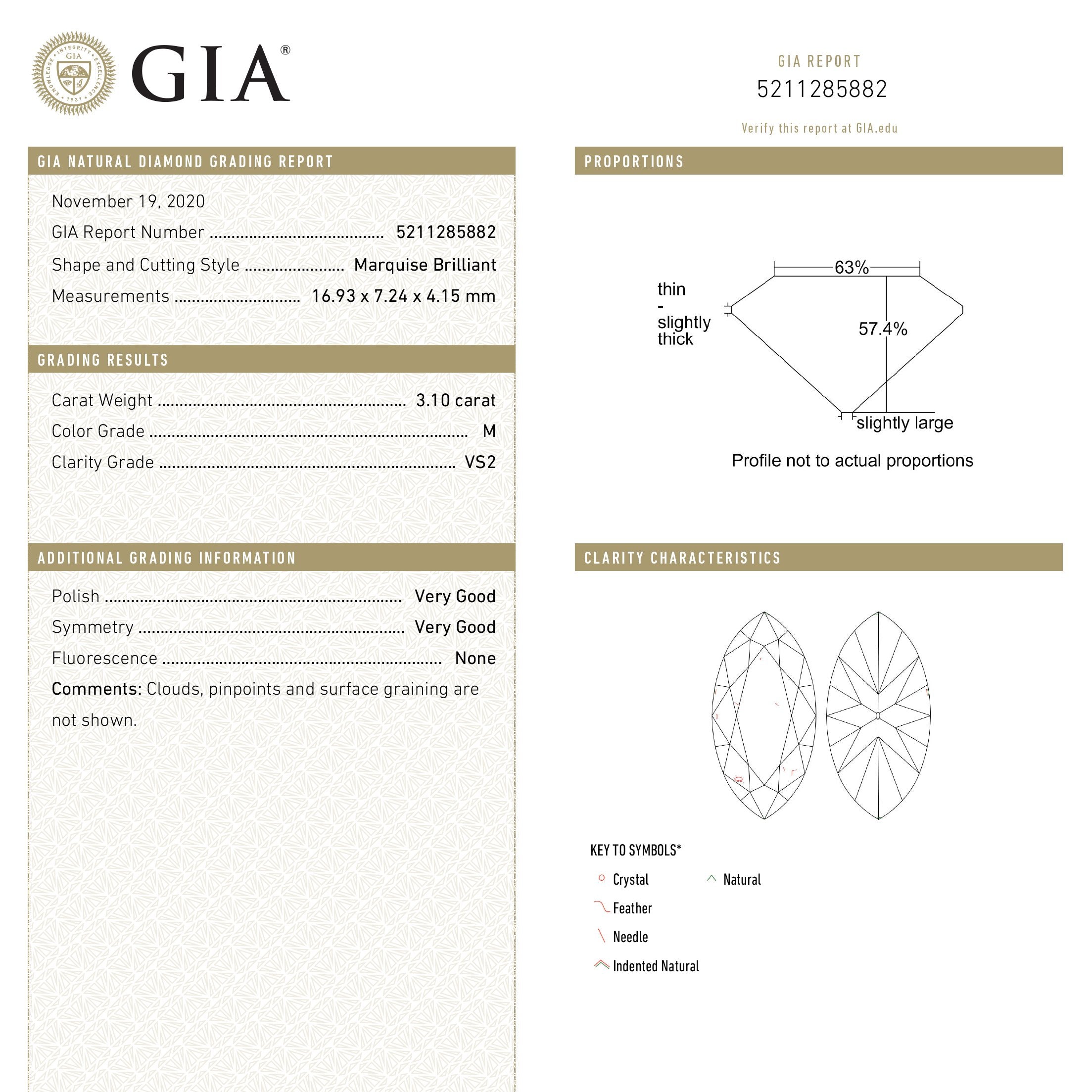 3.10ct 16.93x7.24x4.15mm GIA VS2 M Antique Marquise Brilliant Cut 18618-01