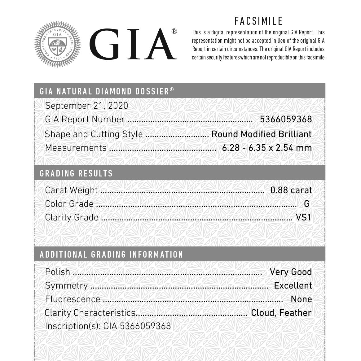 0.88ct 6.42x6.38x2.39mm GIA VS1 G Round Rosecut 18600-02