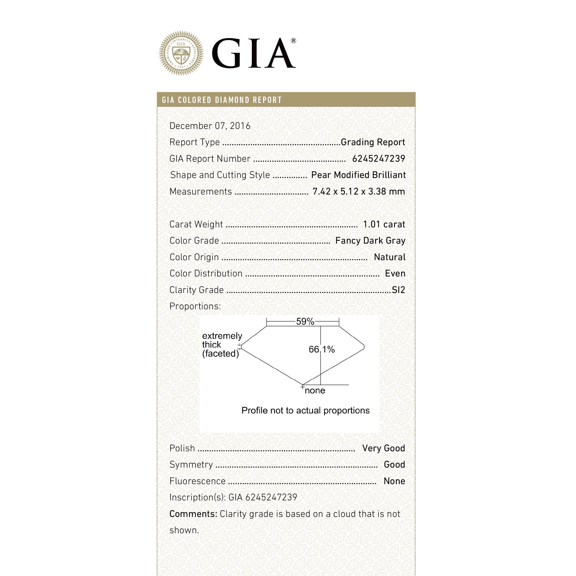 1.01ct 7.42x5.12x3.38mm GIA SI2 Fancy Grey Pear Brilliant 18170-01 HOLD 06.2.20 D772