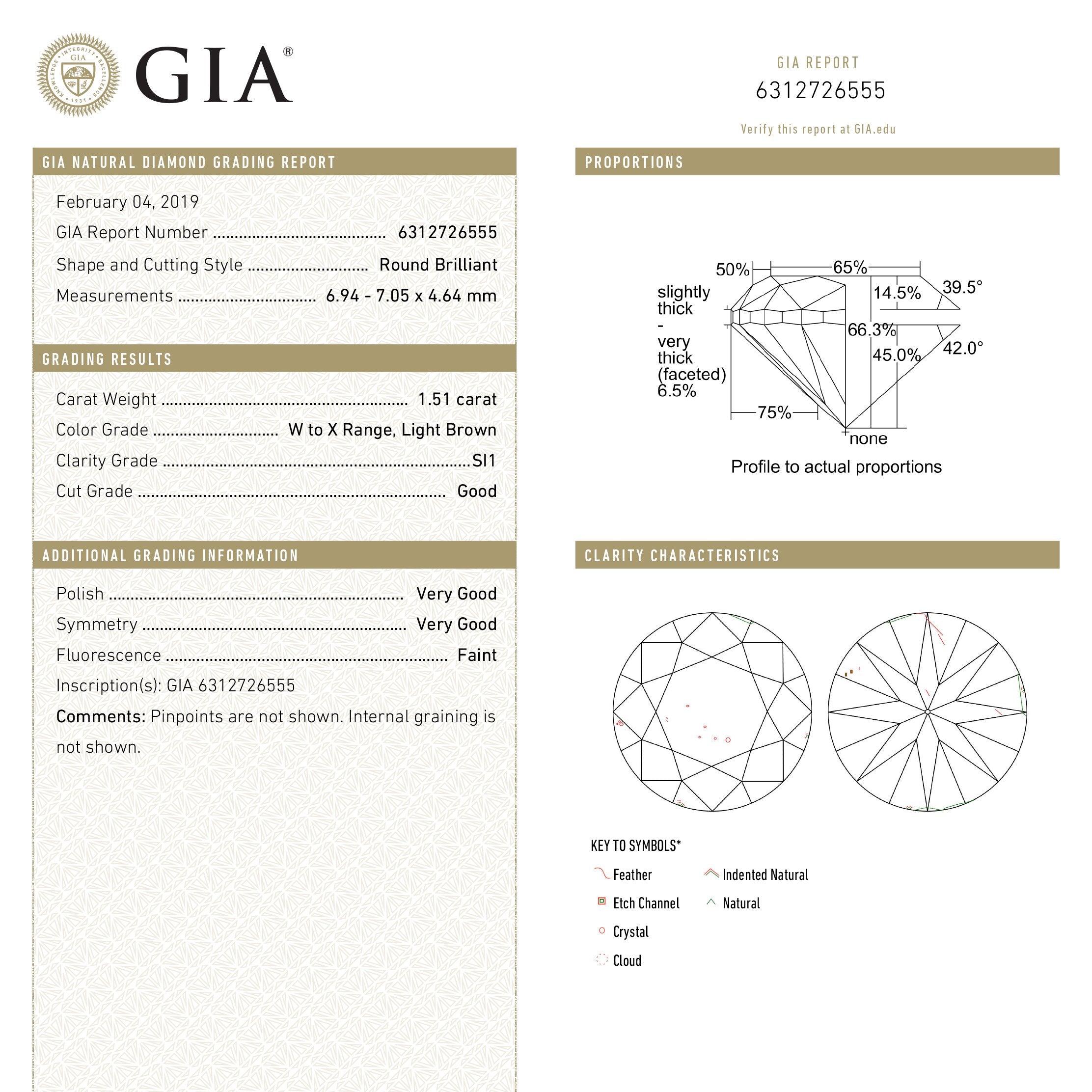 1.51ct 6.94x7.05x4.64mm GIA SI1 Champagne Round Brilliant 18627-01