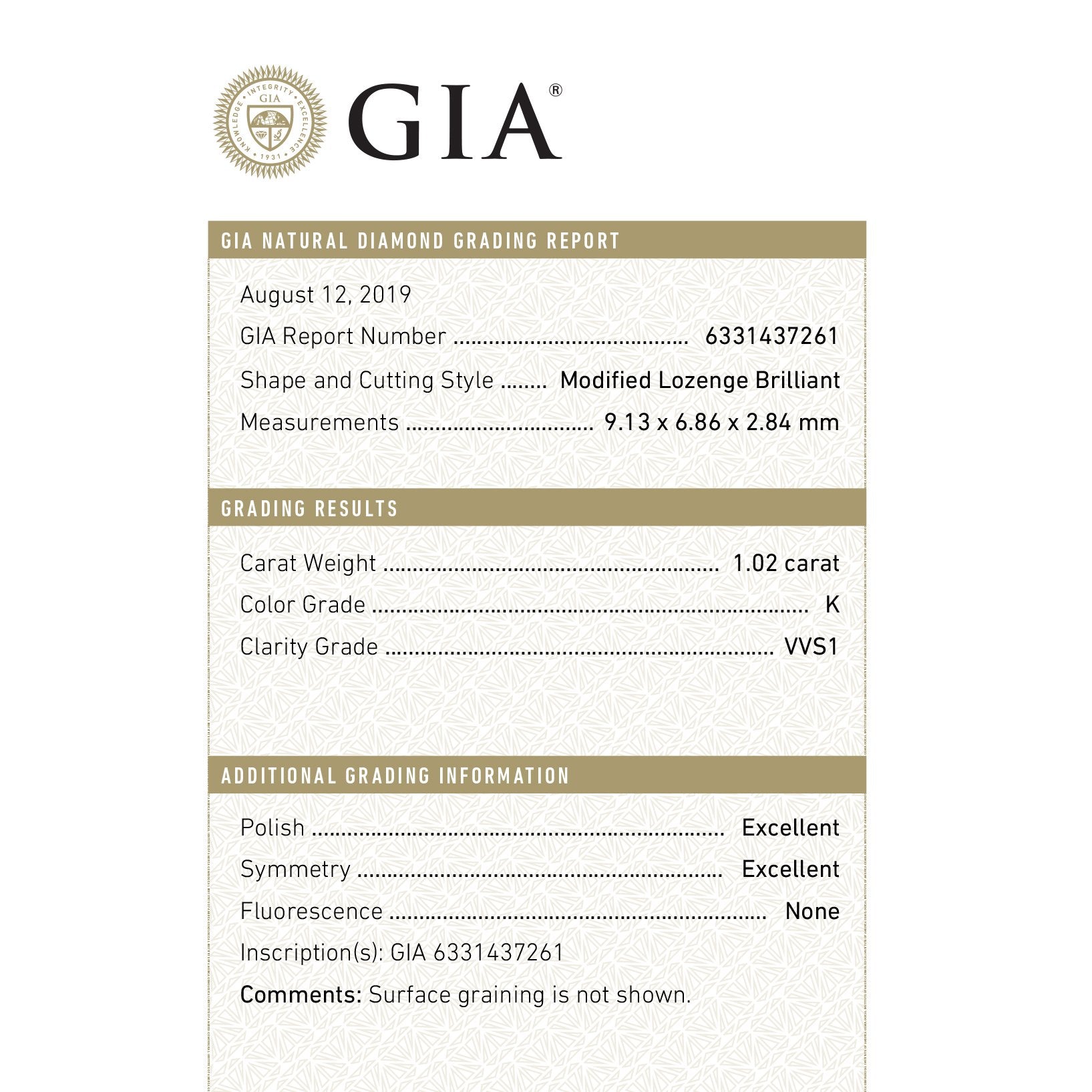 1.02ct 9.13x6.86x2.84 GIA VVS1 K Lozenge Brilliant 18204-01