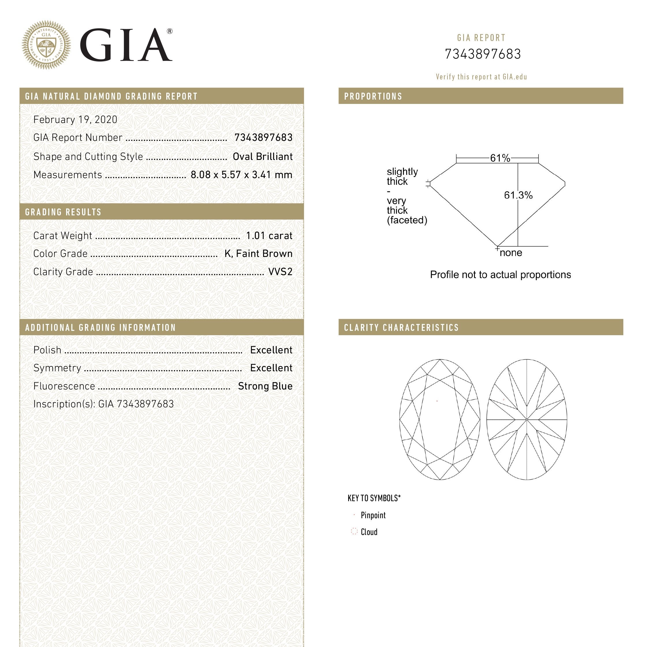 1.01ct 8.08x5.57x3.41mm GIA VVS2 K White Oval Brilliant 18694-01