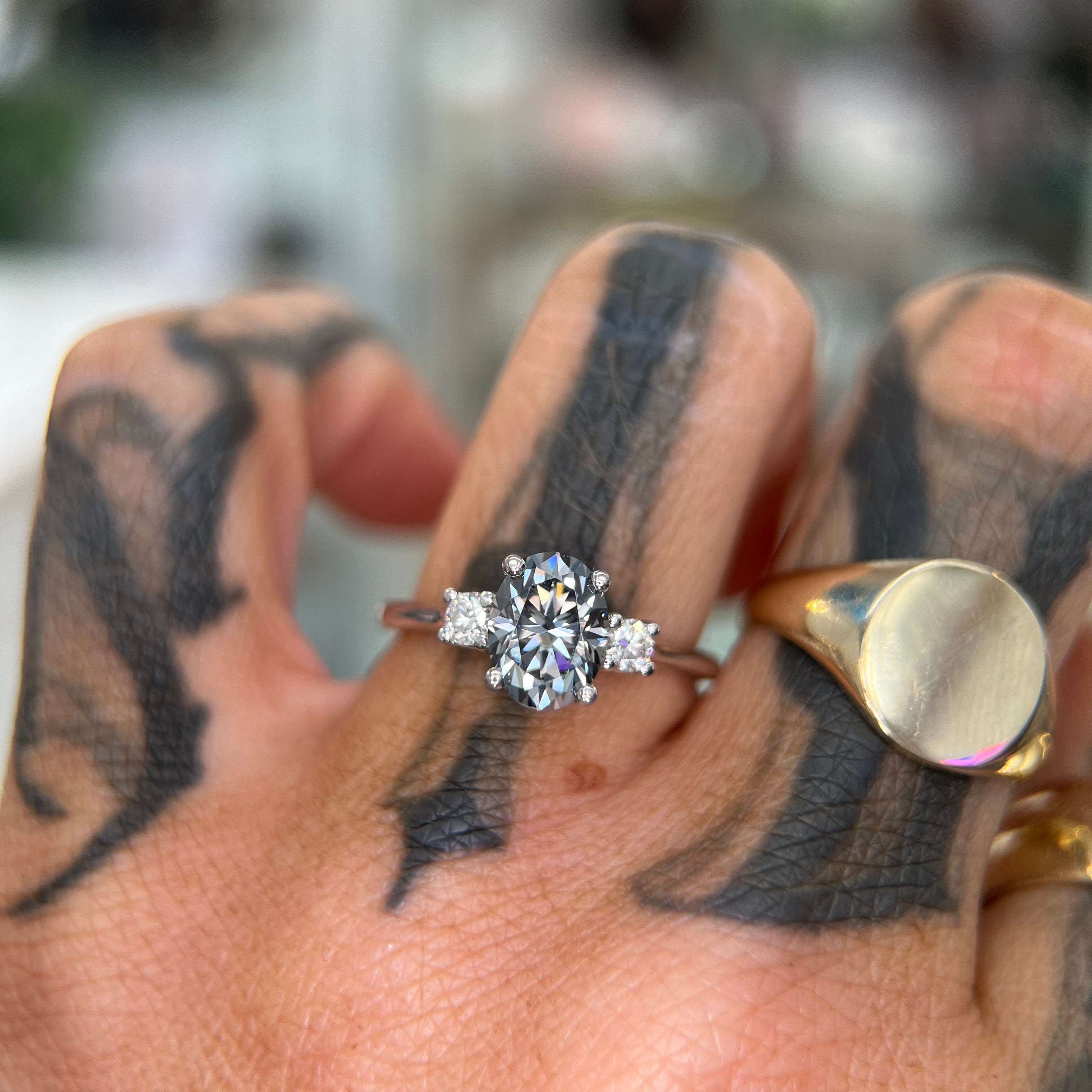 Windfall Jewellery Lotus Oval black diamond engagement ring in rose gold with minimalist three-stone design — handcrafted fine jewellery Australia