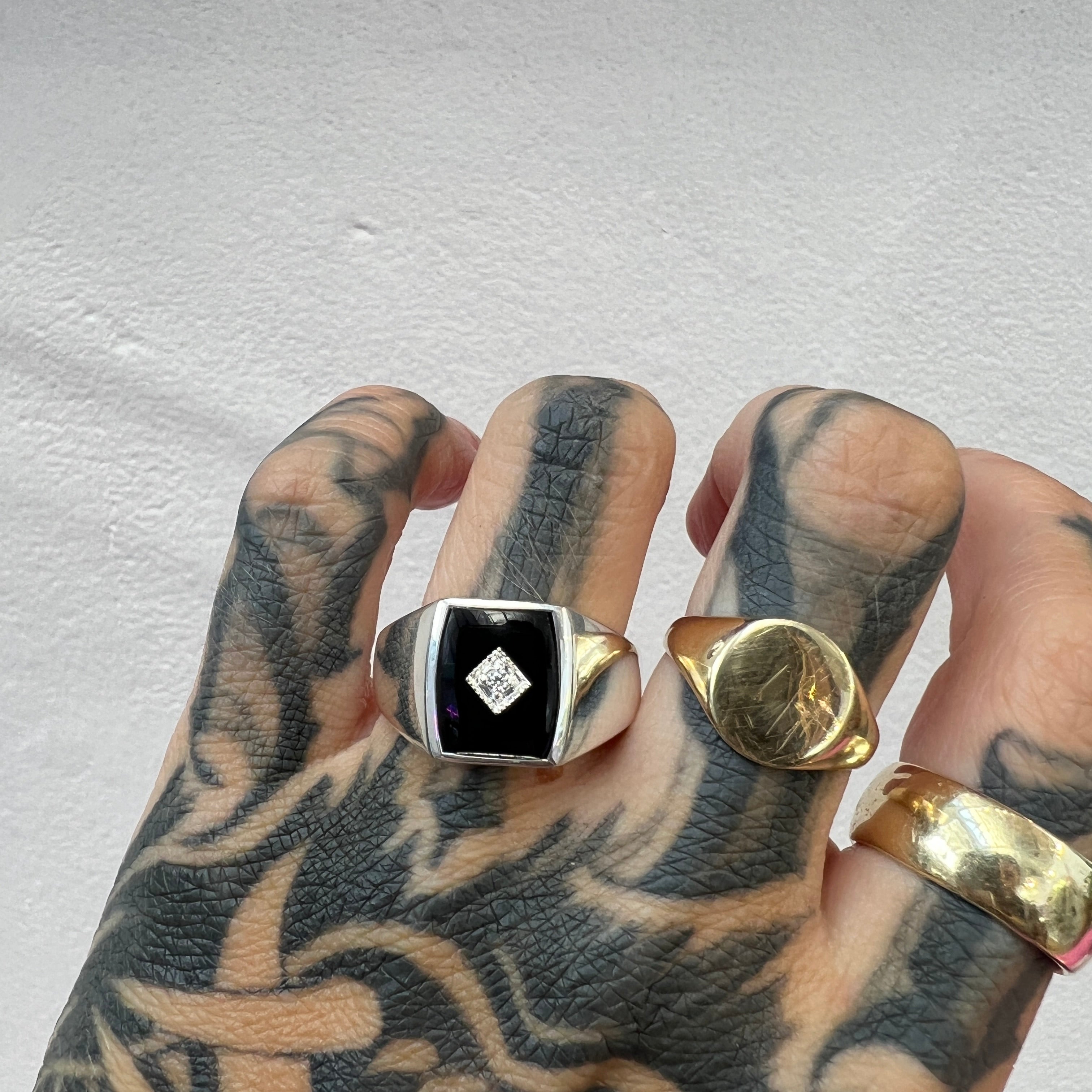 SALE - Belize Black Onyx Signet - Diamond Set - Size 8 + 9 1/2