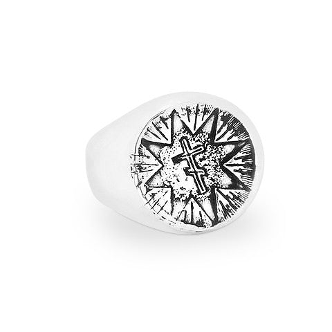 Windfall Jewellery Docent Russian Tattoo Signet Ring in solid sterling silver featuring engraved skull and symbol design — bold handcrafted statement jewellery for men and women