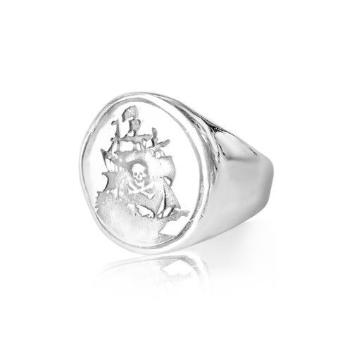 Windfall Jewellery Docent Russian Tattoo Signet Ring in solid sterling silver featuring engraved skull and symbol design — bold handcrafted statement jewellery for men and women