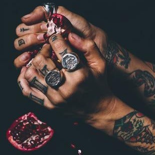 Windfall Jewellery Docent Russian Tattoo Signet Ring in solid sterling silver featuring engraved skull and symbol design — bold handcrafted statement jewellery for men and women