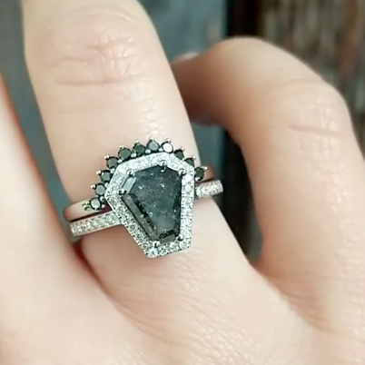 Windfall Jewellery Coffin Halo black diamond engagement ring with matching diamond band in rose gold — modern alternative bridal set handcrafted in Australia