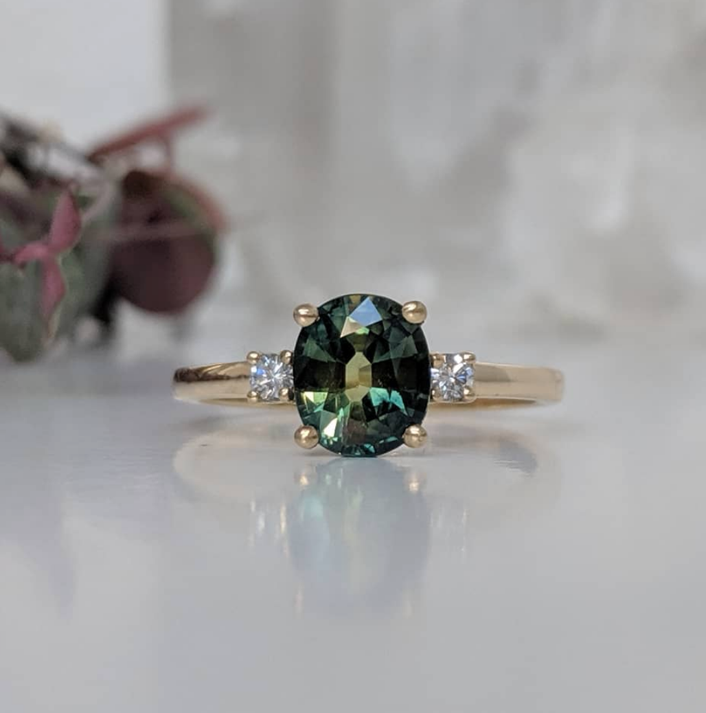 Windfall Jewellery Lotus Oval sapphire engagement ring in rose gold with minimalist three-stone design — handcrafted fine jewellery Australia