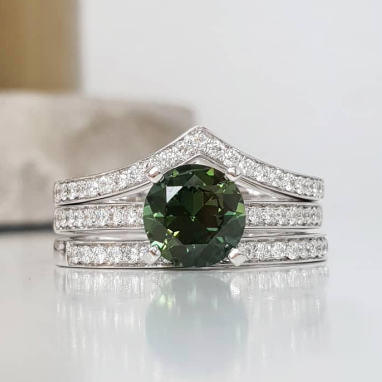 Windfall Jewellery Ara Solitaire diamond engagement ring with matching contoured wedding bands in white gold — elegant bridal set handcrafted in Australia