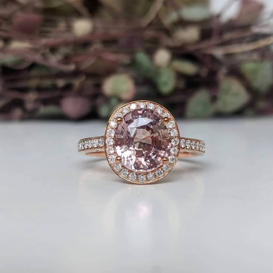 Windfall Jewellery oval halo engagement ring with morganite center stone and diamond halo set in white gold — elegant and timeless bridal jewellery.