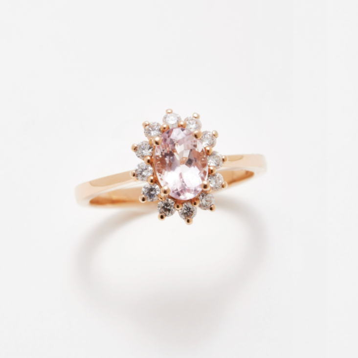 Oval floral halo diamond engagement ring in rose gold with sparkling cluster halo — classic bridal jewellery photographed on white background.