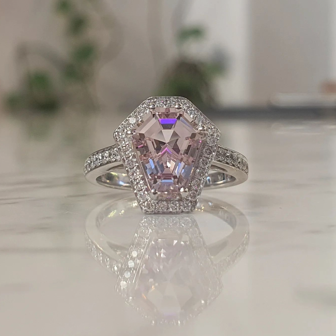 Windfall Jewellery Coffin Halo black diamond engagement ring with matching diamond band in rose gold — modern alternative bridal set handcrafted in Australia