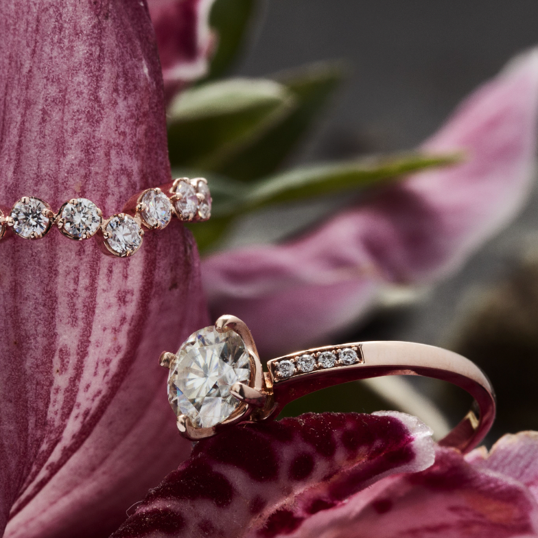 Windfall Jewellery Ara Solitaire diamond engagement ring with matching contoured wedding bands in white gold — elegant bridal set handcrafted in Australia