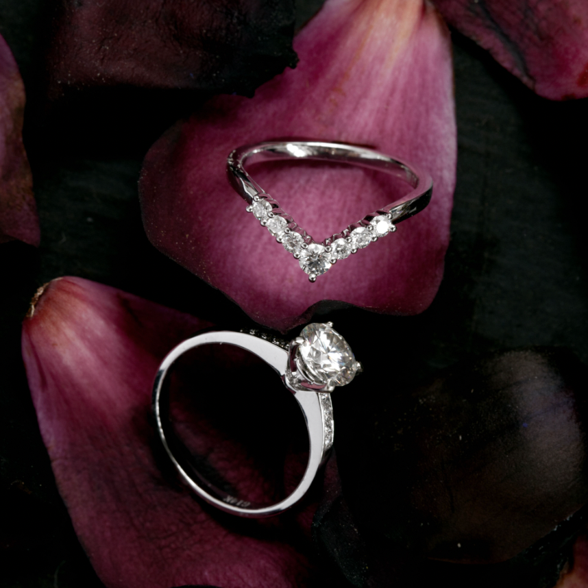 Windfall Jewellery Ara Solitaire diamond engagement ring with matching contoured wedding bands in white gold — elegant bridal set handcrafted in Australia